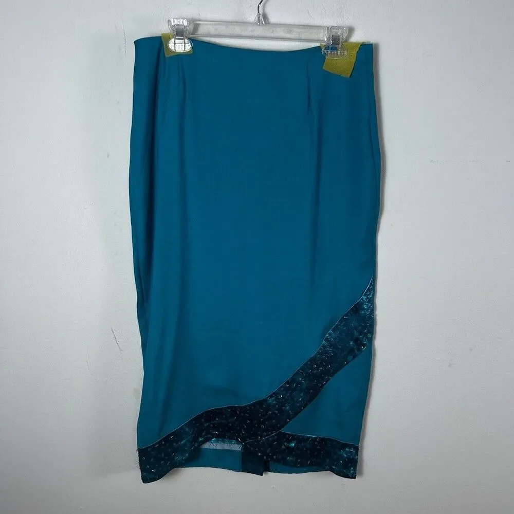 Midnight Velvet Skirt Suit Set Womens Size 8 Teal Blue Beaded Metallic Trim